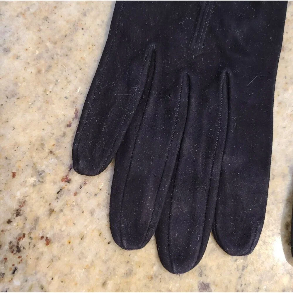 Vtg Women Sz S 6.5 Suede Black Gold Embroidered Geometric Formal Gloves 8.5